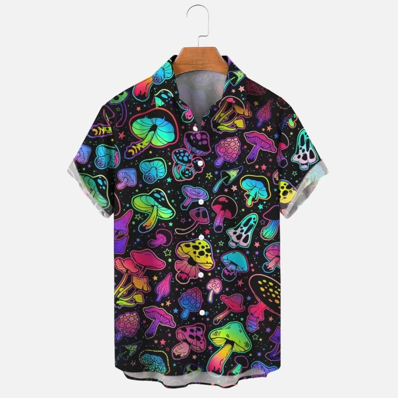 Hawaiian Shirt For Men Colorful Mushroom Graphic Short Sleeve Loose Lapel Button Shirts Printed T-Shirt Oversized Men's Clothing