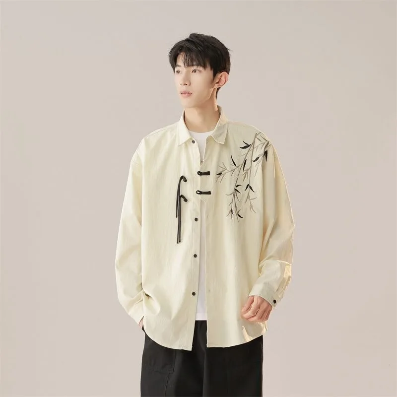 

Зеленая бамбуковая рубашка с длинными рукавами и вышивкой в китайском стиле для мальчиков, новый осенний кардиган в китайском стиле в стиле ретро на пуговицах