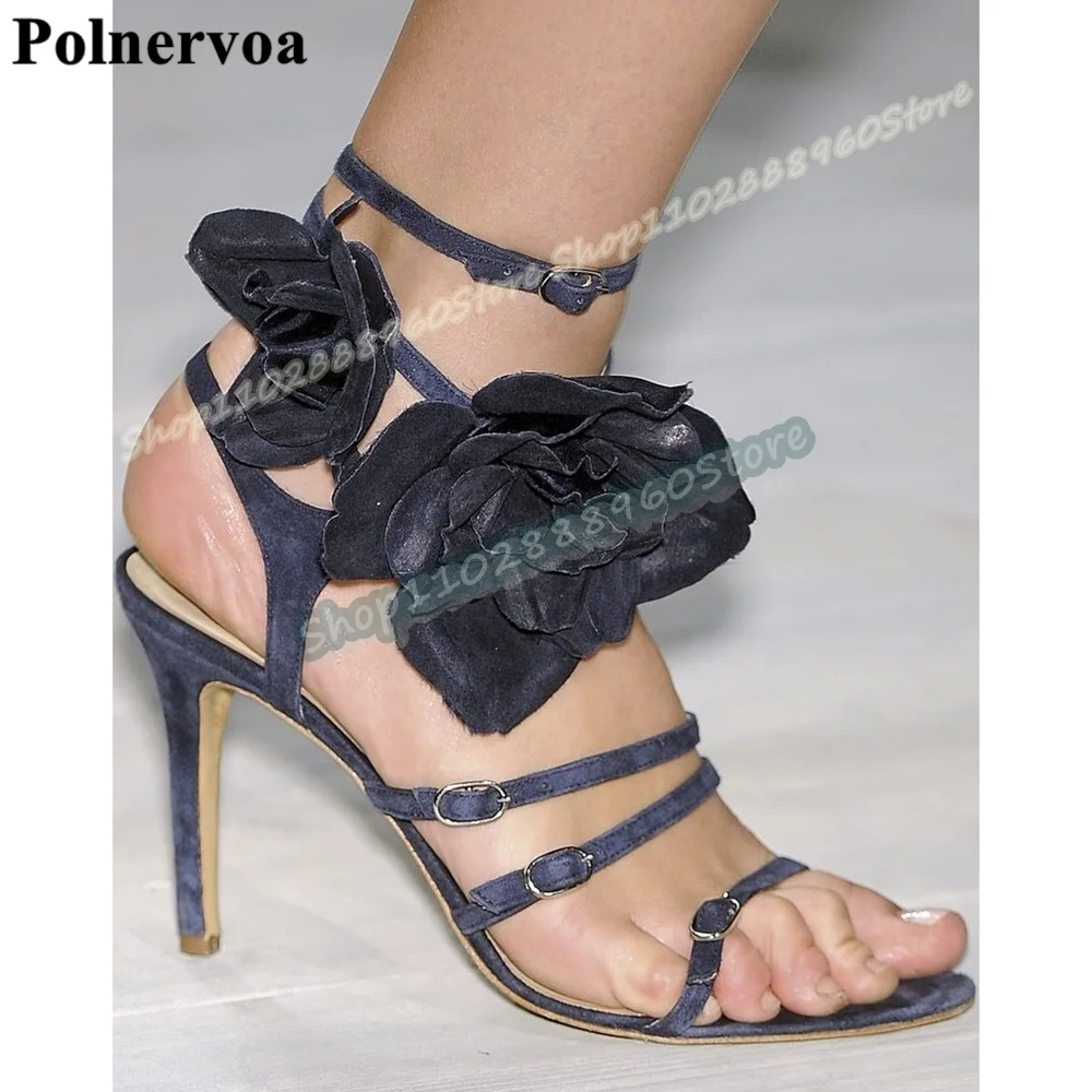 

Solid Flock Buckle Strappy Flower Sandals Thin High Heel Shoes For Women Buckle Strap Open Toe Runway Stylish Party Sandals