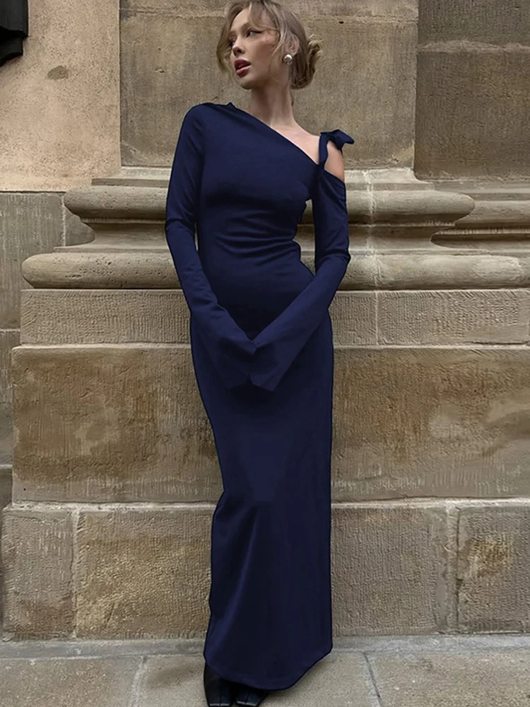 Kliou Abiti lunghi moda elegante Donna Tendenza autunnale Colletto obliquo Manica intera Spacchi laterali Robe Prom Party Abiti basic solidi