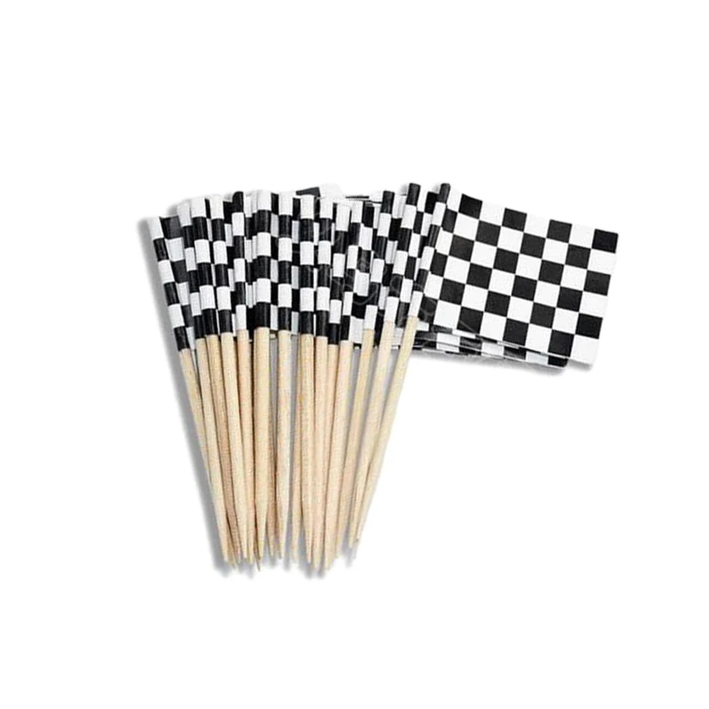 200 Uds. De inserciones para pasteles, adornos para magdalenas con bandera a cuadros negra, selecciones de comida para fiestas de madera para cumpleaños, boda, galletas, frutas, Brownies