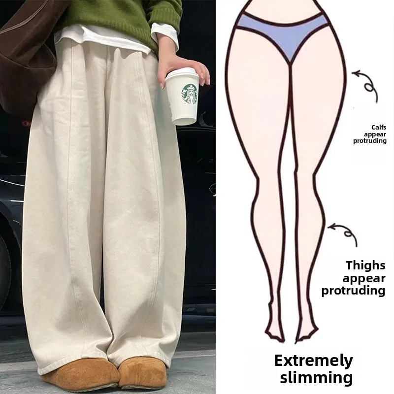 

Khaki Wide Leg Jeans Women's Spring Autumn Loose Lazy Style Slimming Korean Style Denim Pants plus Size Casual High Waist