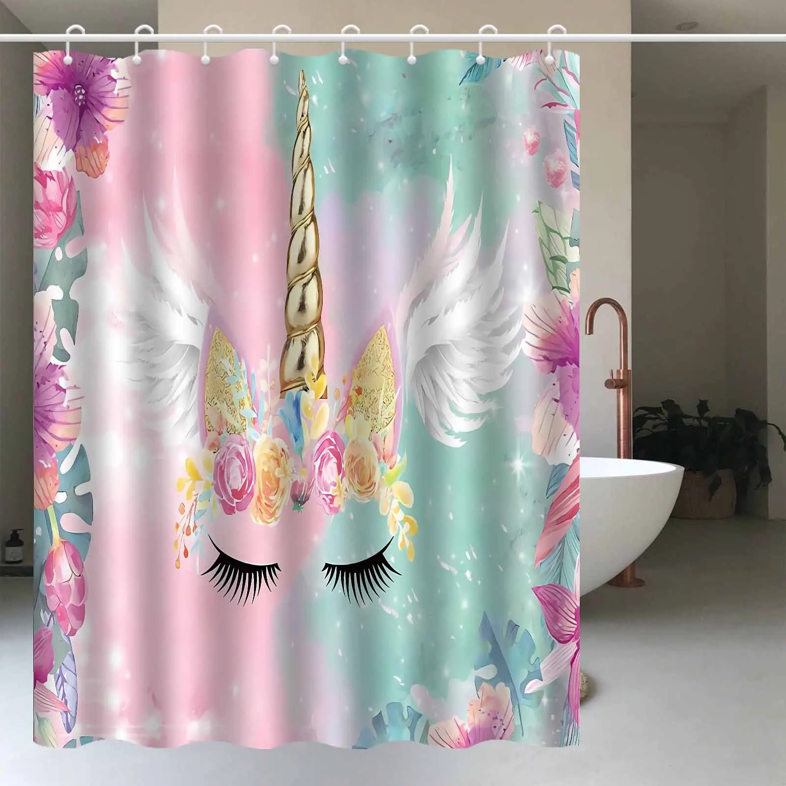 JIT1pcs Cartoon Sweet Unicorn Flower Gradient Background Shower Curtain, High-end Elegant and Anti Fog Bathroom Curtain, Multifu