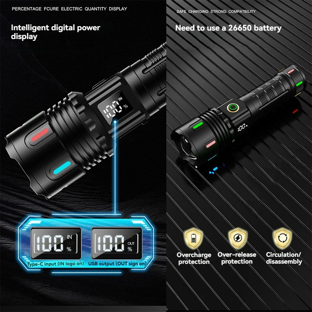 High Power LED Flashlight USB Rechargeable Long Shot Tactical Torch Strong Light Fluorescent Lantern Outdoor Super Bright Lamp