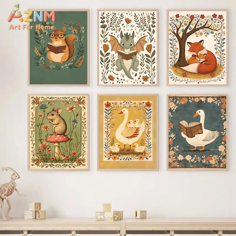 1PC Nordic Vintage Forest Animal Poster Squirrel Fox Wall Art Canvas Print Painting Room Home Decor