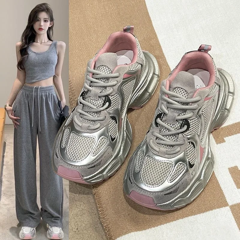 New Thick soled Fashionable Dad Shoes, Women's Spring and Autumn New Versatile Casual Shoes, Silver Pink Sports Trendy Shoes