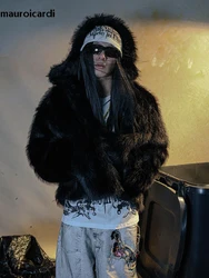 Mauroicardi Autumn Winter Cool Short Oversized Black Thick Warm Soft Hairy Shaggy Faux Fur Coat Men with Hood Fluffy Jacket 2024