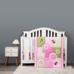 on sale cheep 4pc crib cot baby girl pink nusery bedding set-comforter,crib sheet,crib skirt,bumper