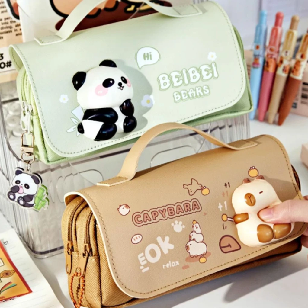مقلمة Kawaii Capybara ذات سعة كبيرة مع وظيفة تخفيف التوتر وحقيبة أقلام لطيفة مع لعبة قابلة للضغط لقرطاسية الطلاب