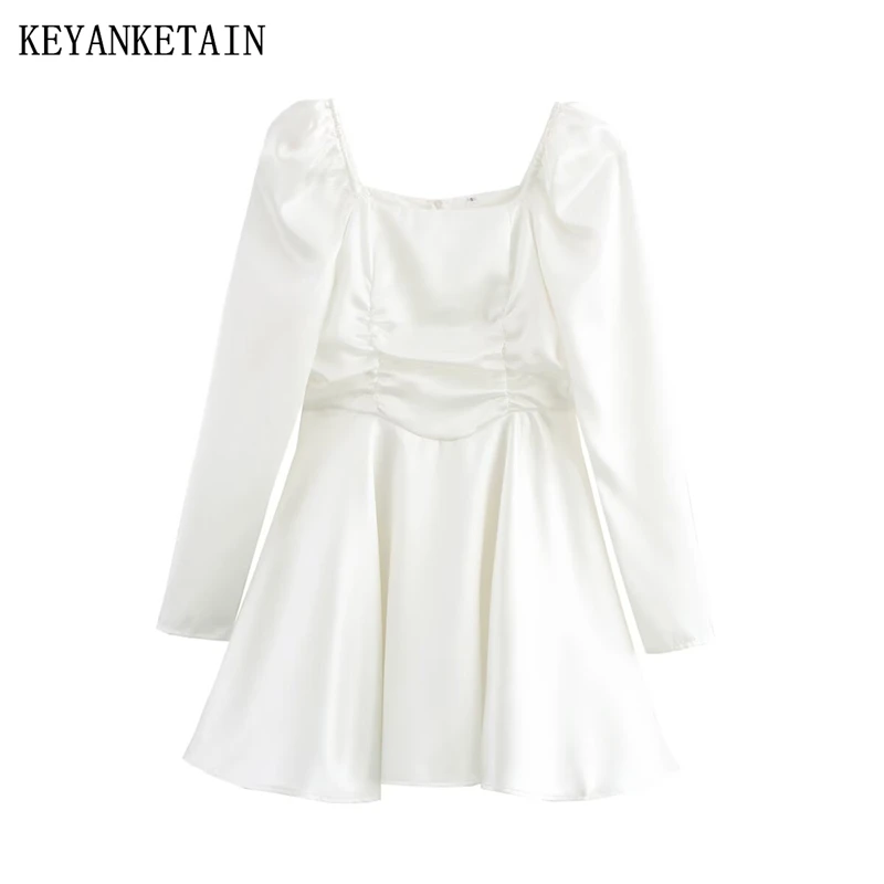 KEYANKETIAN Women's thick satin evening dress with bubble sleeves, slim fit MINI short skirt, elegant A-line dress
