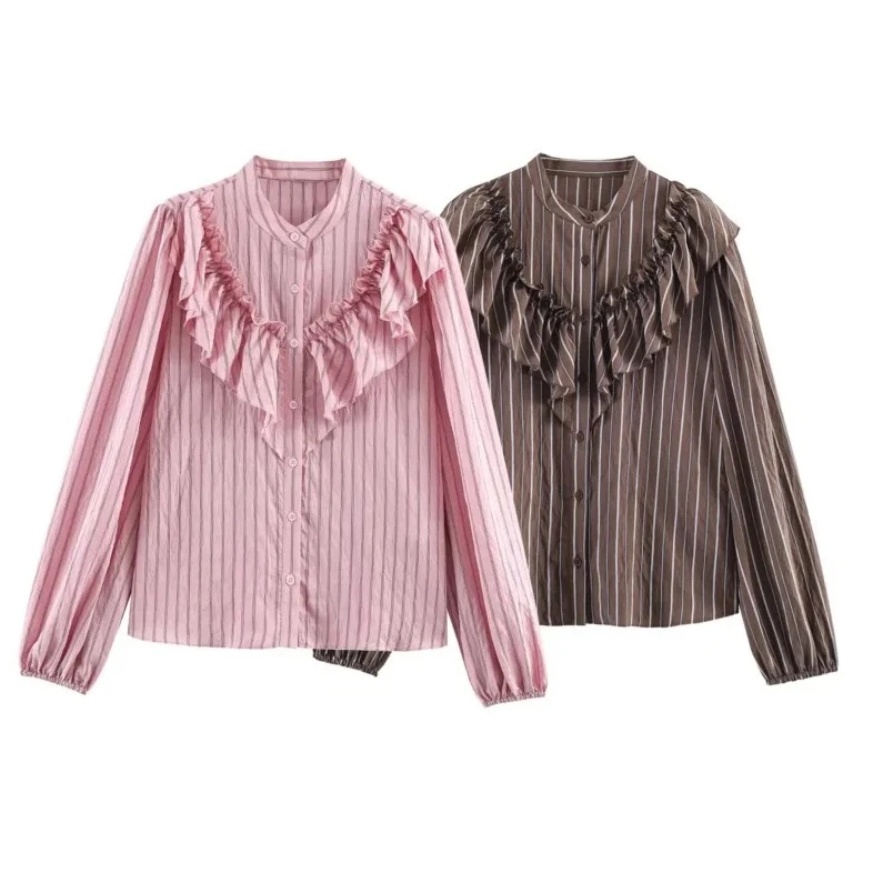 

Women Striped Shirt with Ruffles Casual Spring Long Sleeve Vintage Women's Ruffle Trim Shirts & Blouses Lady Top