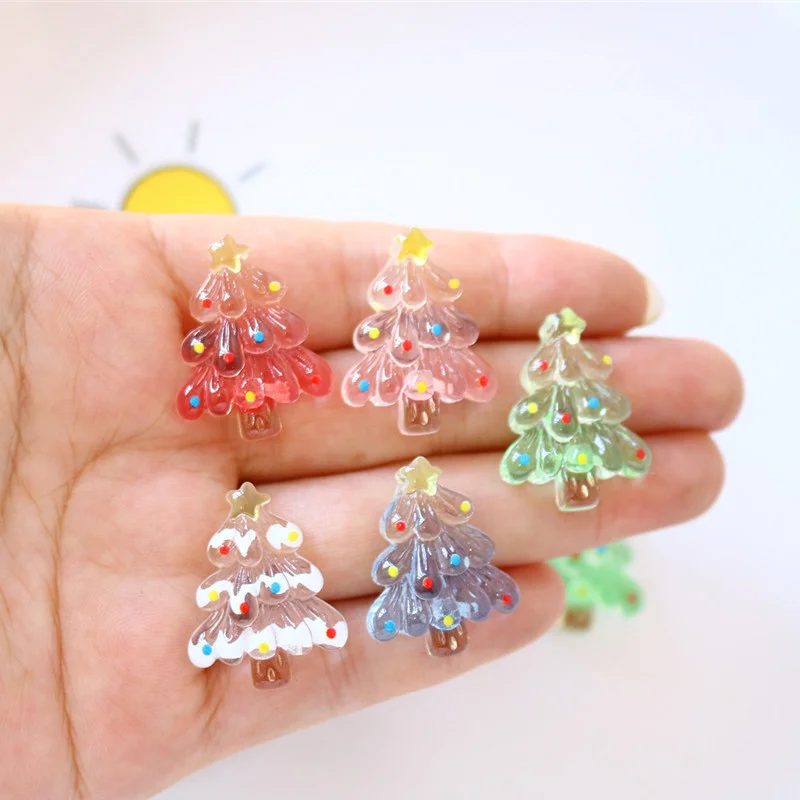 10pcs Mini Kawaii Cartoon Christmas Tree Resin Flat Back Cabochons Scrapbook Diy Party Hairpin Accessories Home Decoration Craft