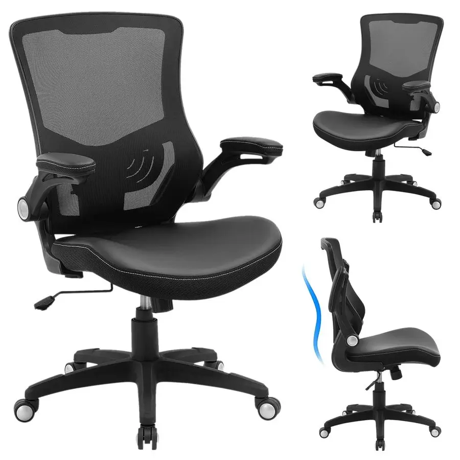 

Chair Ergonomic Desk Chair, Computer PU Leather Home Office Chair, Swivel Mesh Back Adjustable Lumbar Support Flipup Arms Execu
