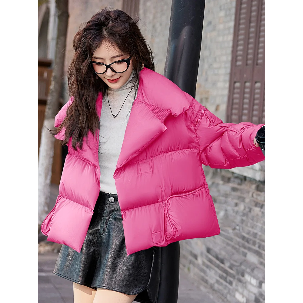 Winter Women\'s Jackets Autumn and Winter Solid Color Short Down Jacket Fashion Large Lapel Short  Thicken Warm White Duck Down