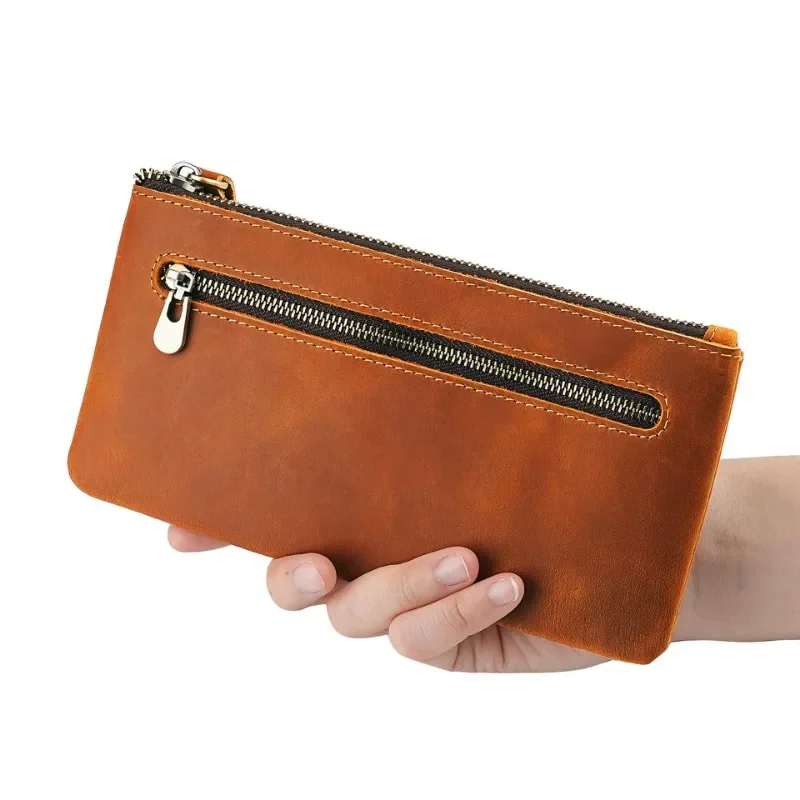 

Ретро Crazy Horse Кожаная сумка для ручек на молнии Портативный большой вместительный чехол для ручек Сумка-карандаш Сумка для учителя Винтажный длинный кошелек для мужчин