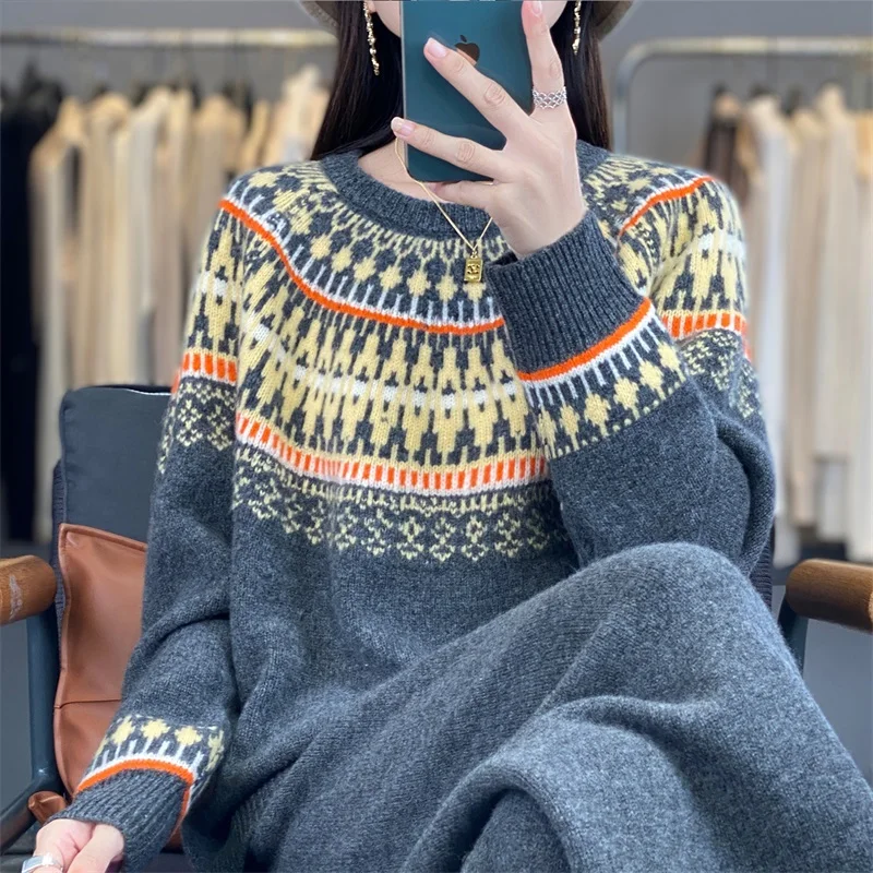 Women 2-Piece Set Knitted O-Neck Retro Jacquard Sweater High-Waisted Wide Leg Pants Autumn Winter Loose Casual Warm Elastic Fit