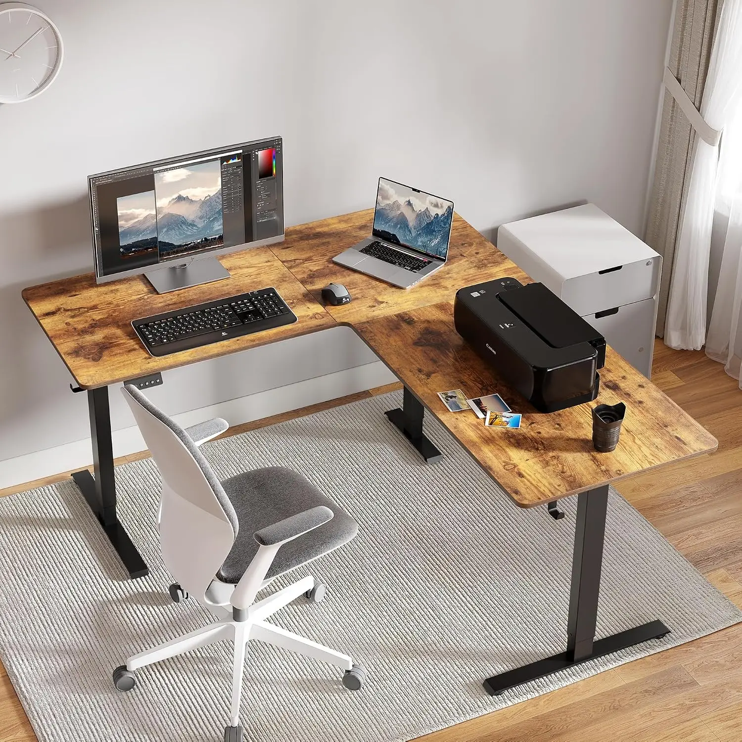 L Shaped Standing Desk Adjustable Corner Desk with Splice Board, Vintage-Brown, Customized