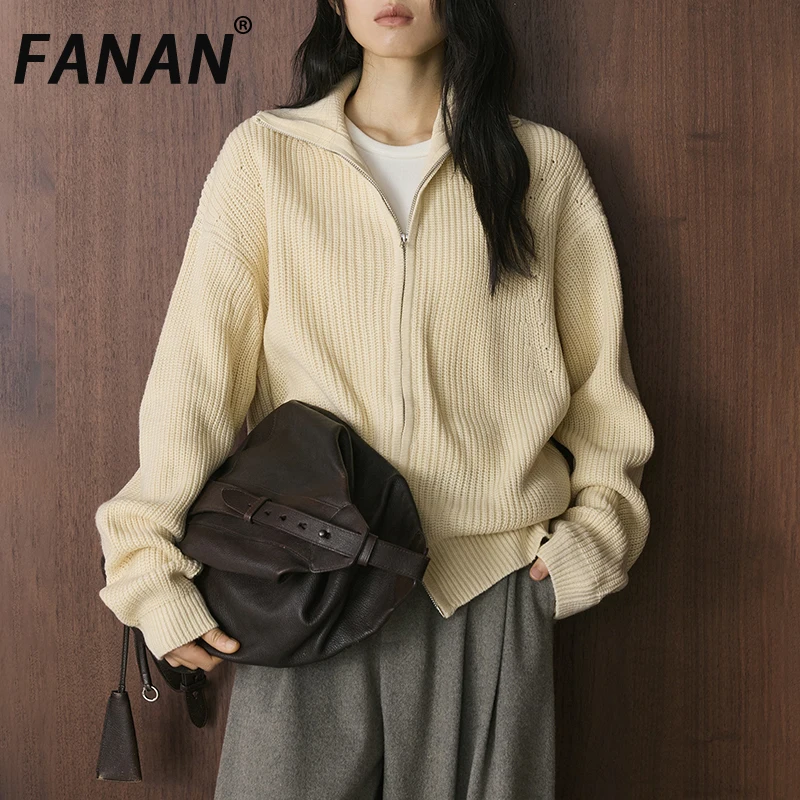 

FANAN элегантные вязаные пальто с двойной молнией для женщин, водолазка с длинным рукавом, толстые теплые куртки, женские зимние новые