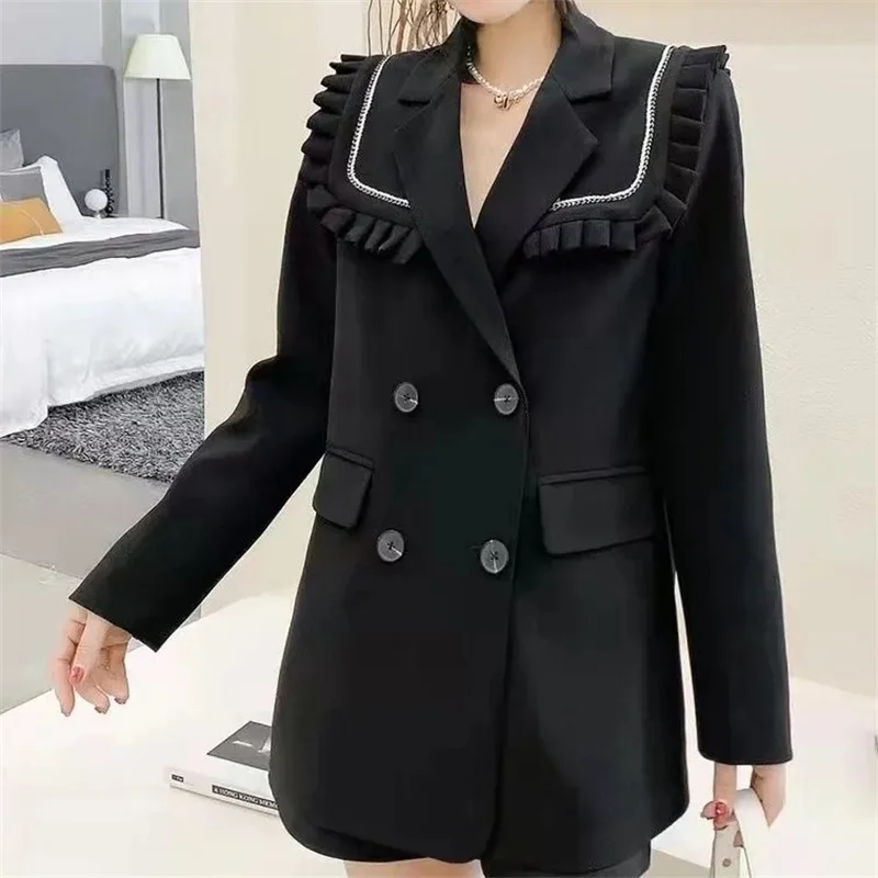 

Fashion Loose Double-Breasted High-grade Blazer 2023 Spring New Korean Navy Collar Wood Ear Temperament Coat Trend