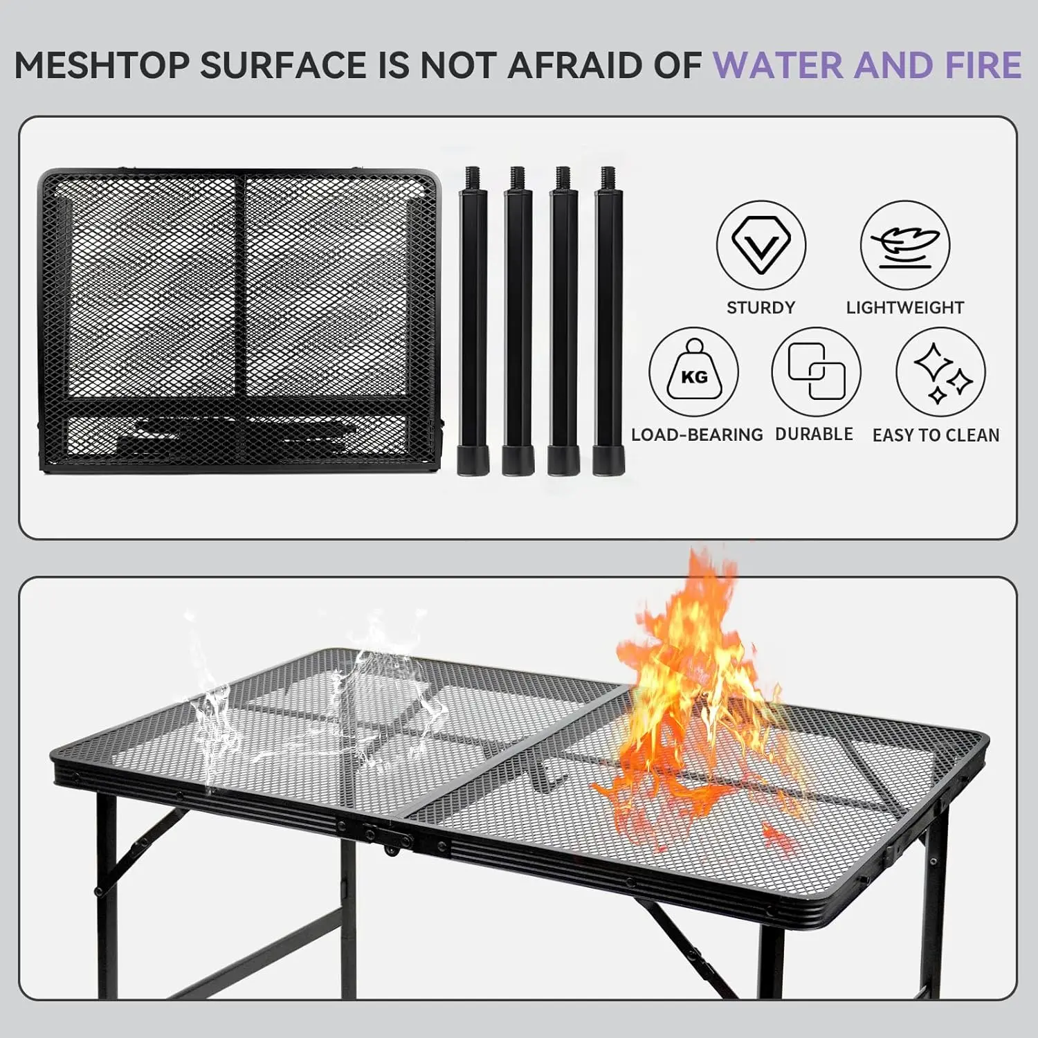 3x2 FT Folding Grill Table Camping Table, Metal Portable Picnic Table, Lightweight Height Adjustable Foldable Table for Outdoor