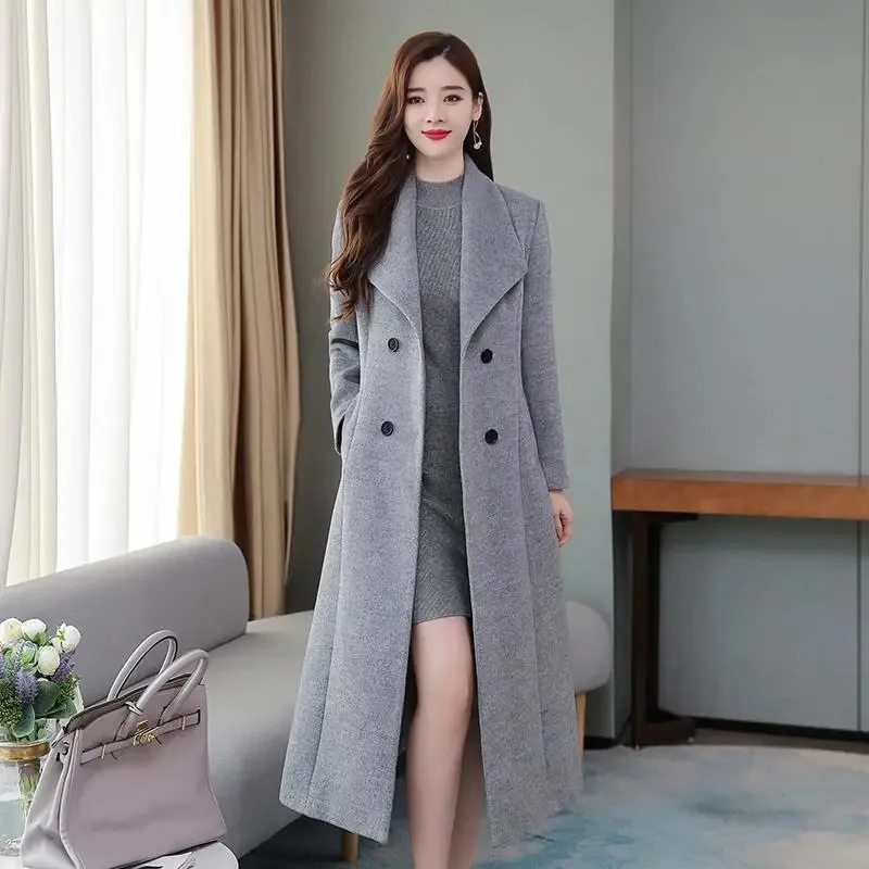

Elegant Coat Thickened Woolen Outerwear Waist Tight Autumn Winter Double Breasted Long Woolen Cardigan Cold Resistant