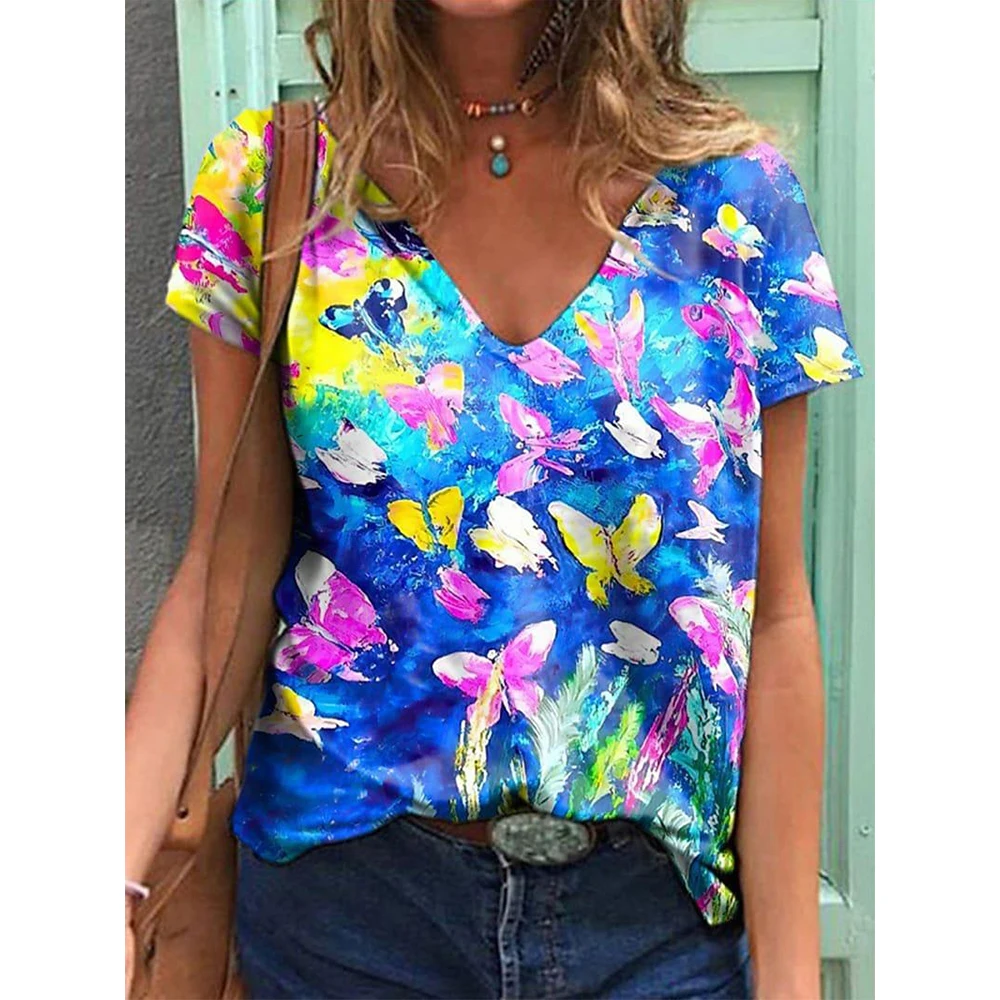 Colorful Butterfly 3D Print T-shirts Women Summer Fashion Streetwear Short Sleeve V-Neck T Shirt Harajuku Tees Tops Clothing