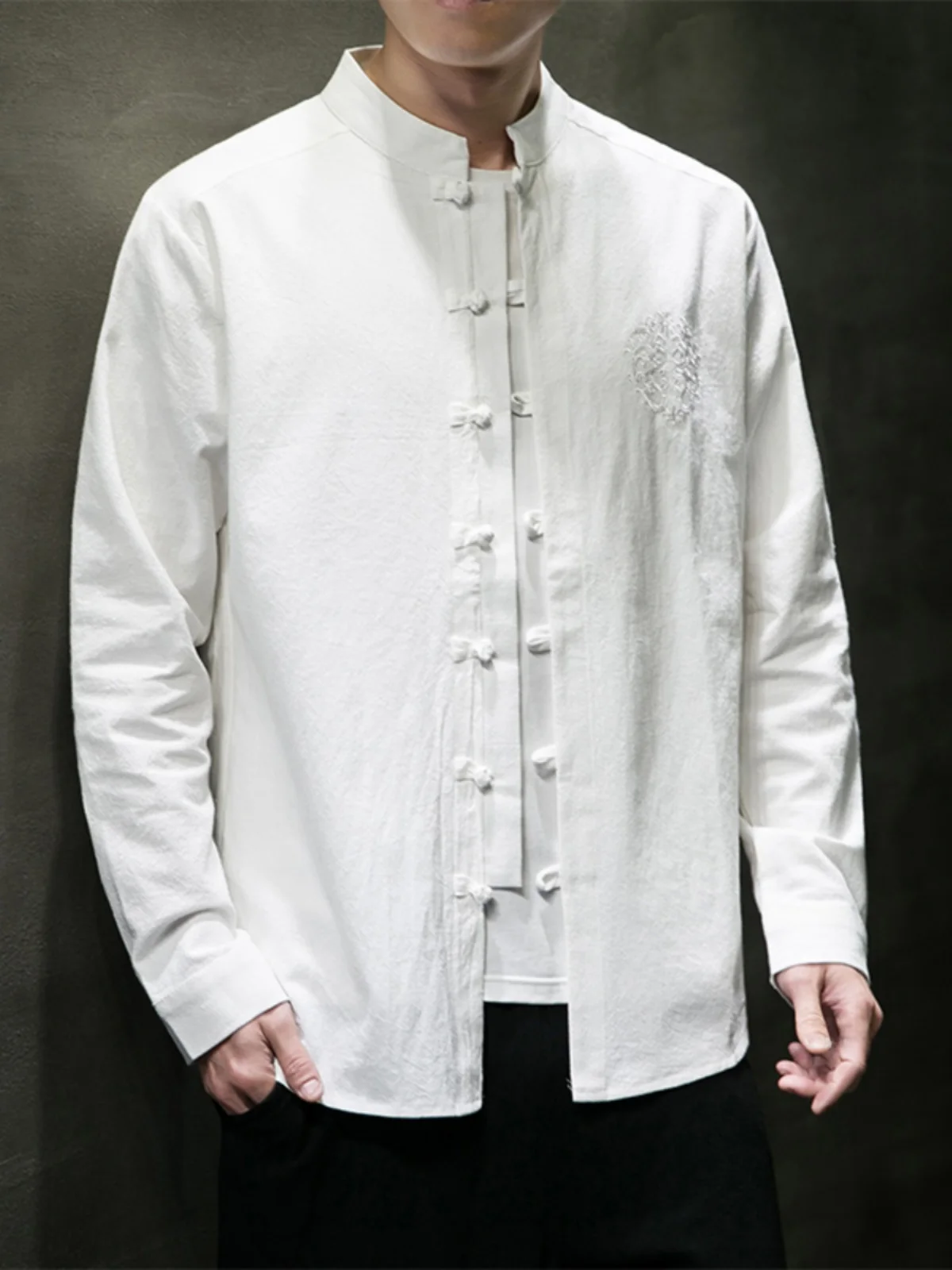 

White Cotton Linen Long Sve irt Youth Trendy Embroidered Button up Classic Sle Spring Autumn Outerwear for Men