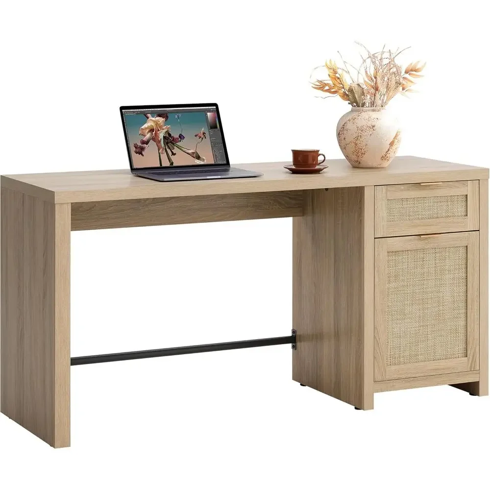 59 Boho Style Executive Desk with Storage, Light Oak Finish, Suitable for Home Office, Study, Living Room