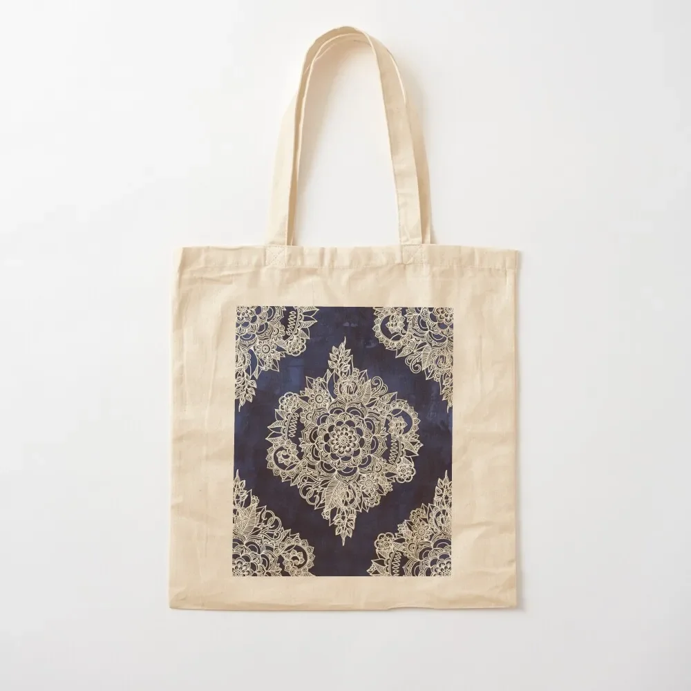 

Cream Floral Moroccan Pattern on Deep Indigo Ink Tote Bag eco bag folding bag luxury women