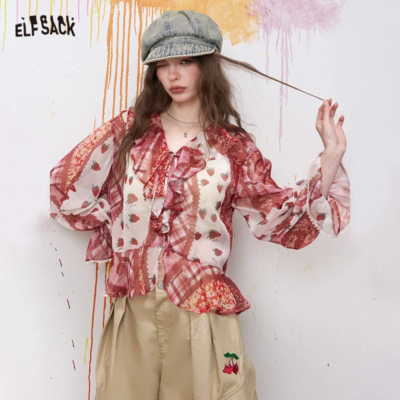 

ELFSACK Strawberry Print Ruffled Chiffon Blouse with Tie Neck for Women