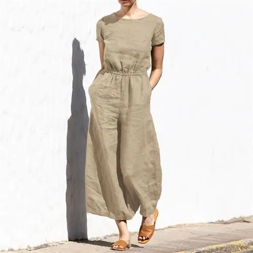 

Casual Cotton Linen Jumpsuit for Women Loose Street Sle mid Waist Long Pants Straight Leg Jumpsuit Ladies Casual Clothes