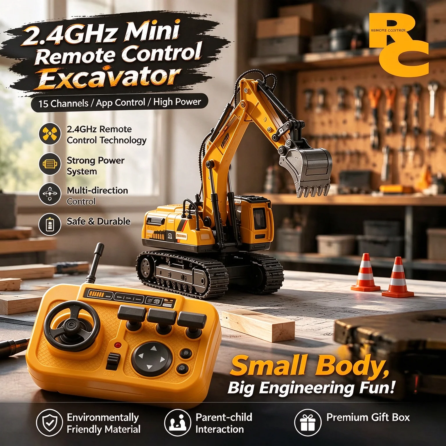 Mini RC excavator, alloy body structure car, desktop ornament with automatic demonstration and 2.4G control, boy's birthday gift