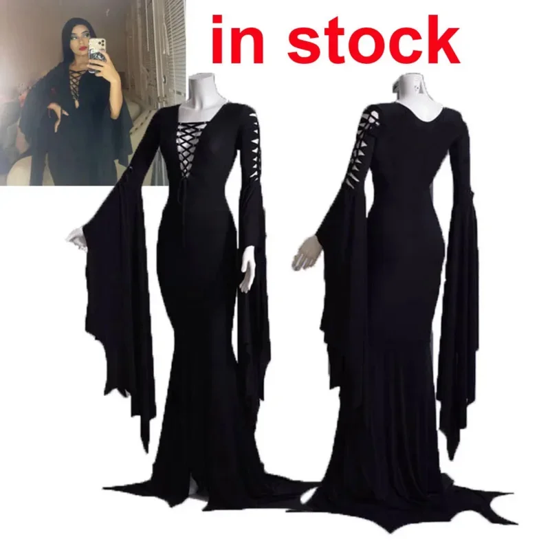 (in stock) Morticia Addams Cosplay Costume Plus Size Morticia Addams Family Gothic Maxi Dress Pagan Pixie Vampire Lace Up Gown