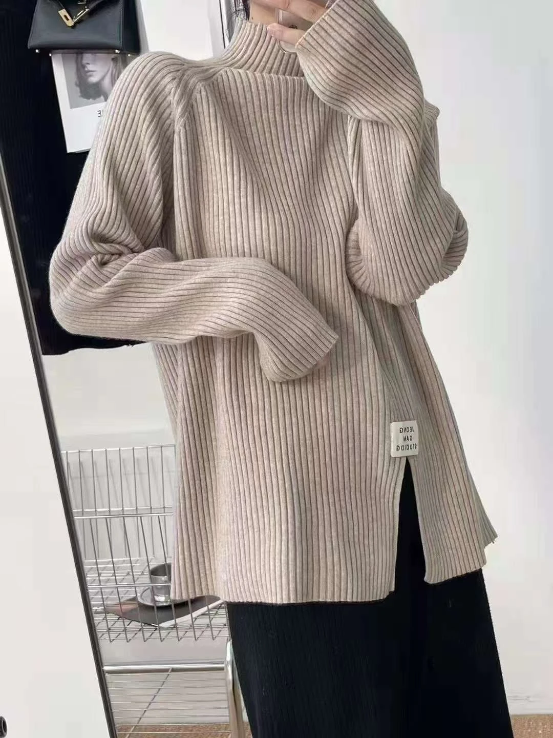 943# 2026 Autumn Winter Fashion Knitted Maternity Sweaters High Neck Splits Shirts Clothes for Pregnant Women Pregnancy Tops