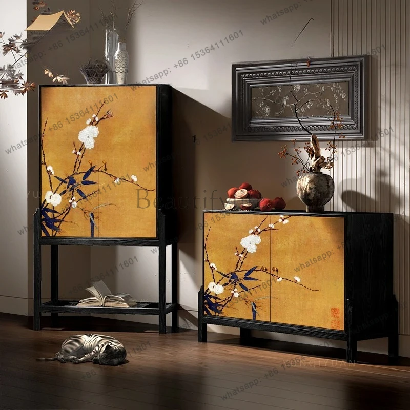 

solid wood porch cabinet opposite the door, light luxury storage cabinet, storage living room, high-footed bucket cabinet