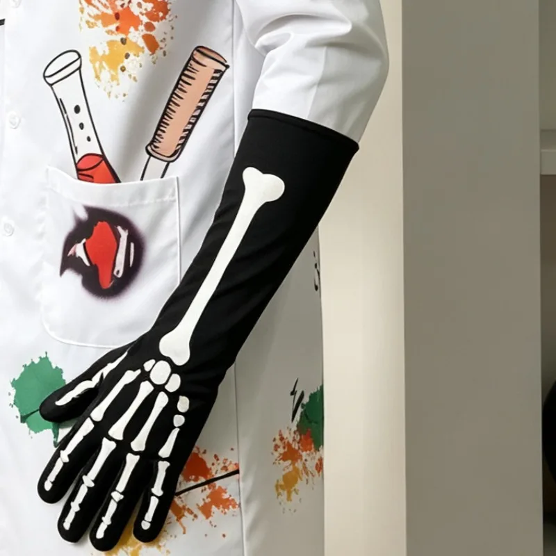 Men Halloween Long Elbow Length Bloody Skeleton Gloves with Stretch Bone Print, Spooky Hand Props Perfect