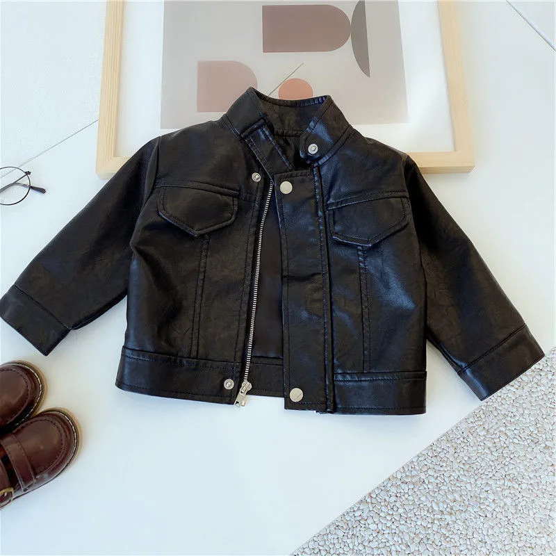 2024 New Girls Boys Black Pu Zipper Jackets Kids Baby Leather Jacket Spring Autumn Cool Coat Children Clothes Overcoats 2-6T