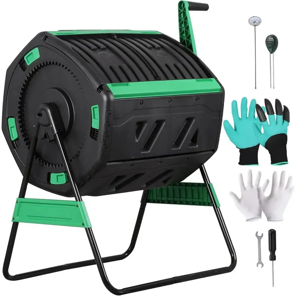 Octagonal Dual-Chamber 53 Gallon Compost Tumbler with Thermometer, Soil Tester, Gloves for Outdoor Garden Waste Recycling