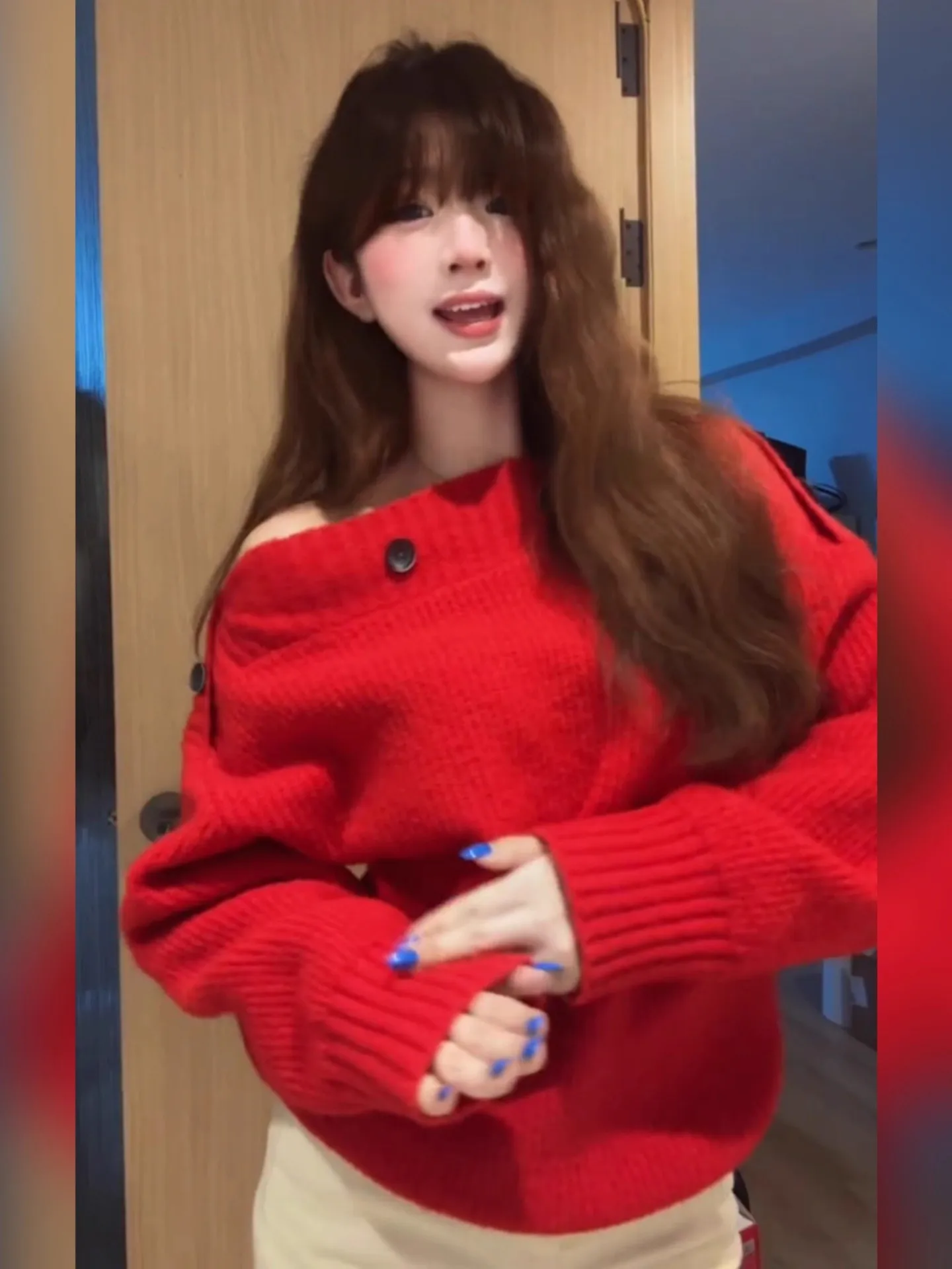 Cisas Theme Red oulder Bared Long Sve Knitted Sweater Loose Fit Women's Autumn Winter Faion Korean Sle Top