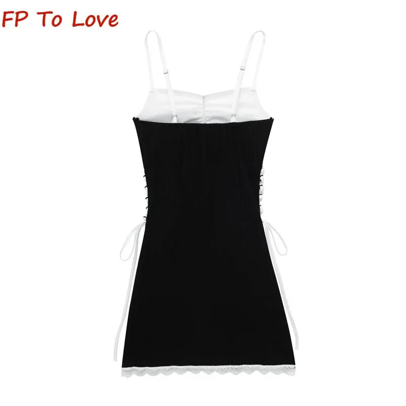 Y2K Black Sexy One Neck Plunge Clash Color Side Waist Tie Hollow Slim Spice Girl Tie Halter Dresses