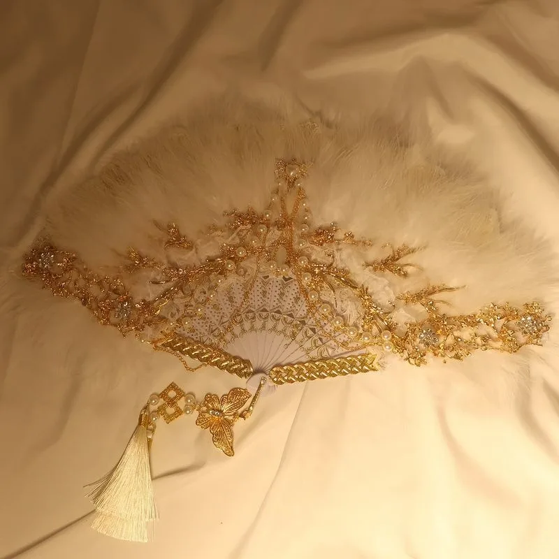 Feather Fan Lolita Dance Cheongsam FashionShow Folding Fan Vintage Hanfu Fairy Lace Photography Prop Stage Performance Accessory