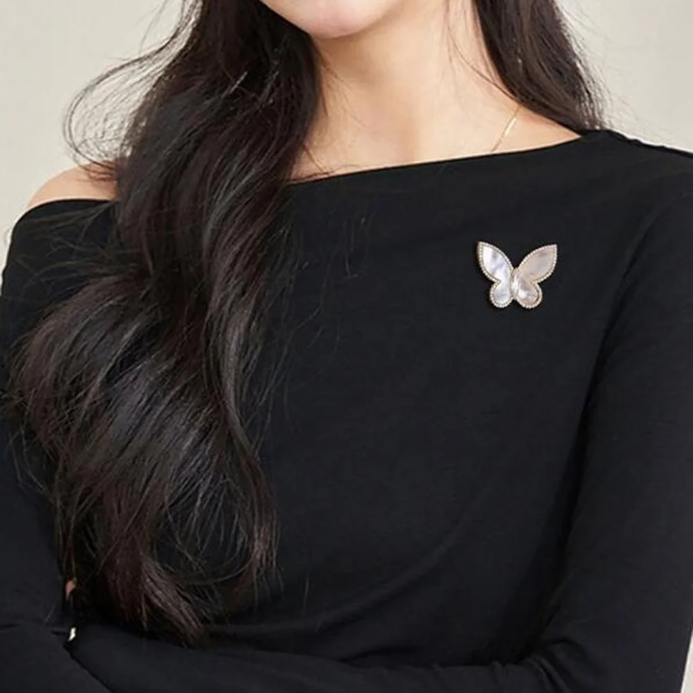 Fashionable gem shell butterfly zircon brooch, anti-exposure brooch for women, metal button to fix clothes, wedding party gift