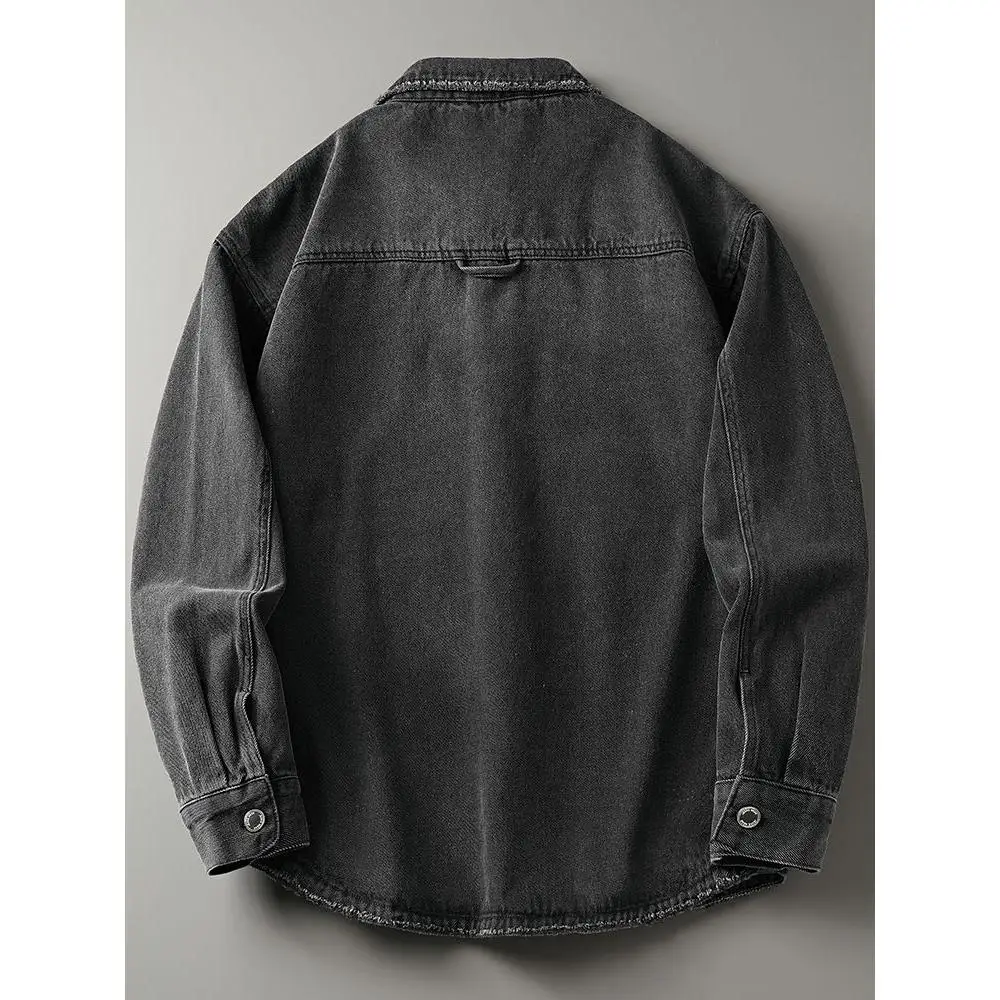 Black Washed Denim Shirt Jacket Men's Spring Autumn Heavyweight Retro Loose Casual Shirt Coat Youth Fashion Long Sleeve Butto...