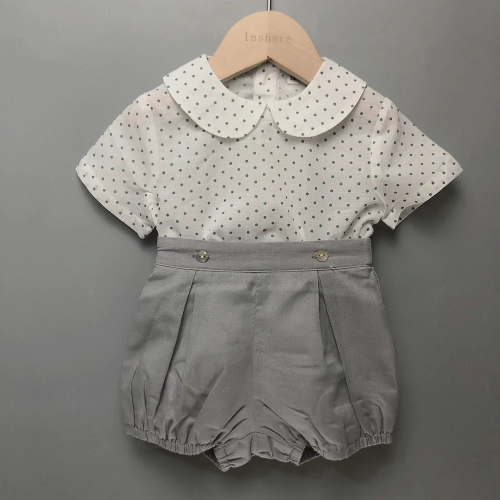 

Sale Only 6m Children's Boutique Clothing Set Summer Green Polka Dot Cotton Short Sleeve Shirt Linen Shorts Baby Outing Fit Cute