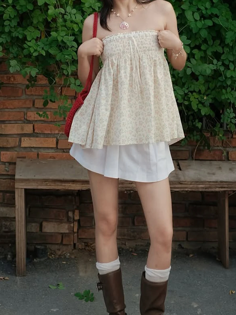 Haut tubulaire sans bretelles à imprimé Floral pour femmes, avec détails plissés, Design dos nu, parfait pour les vêtements de club d'été