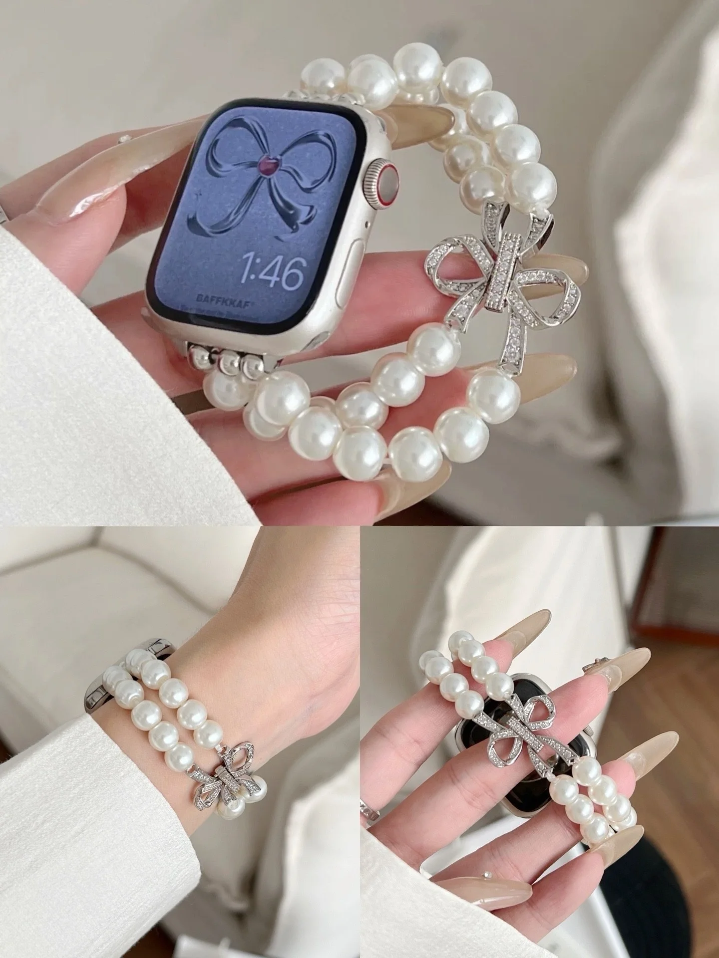 

Compatible with iWatch strap 38mm 40mm 41mm 42mm 44mm 45mm 49mm fine diamond bow elastic fashion strap