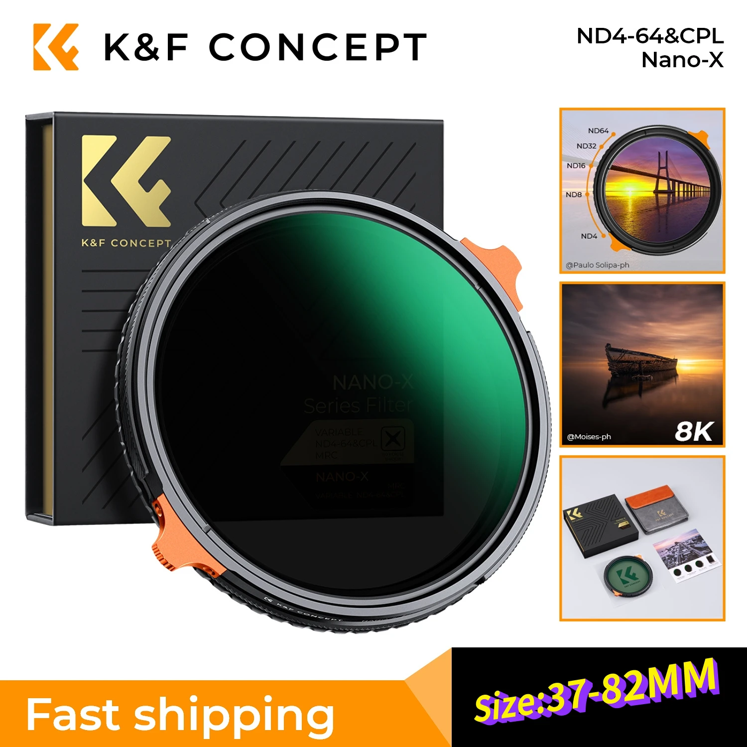 K&F Concept Nano-X Series 37-82mm ND4-ND64 Variable ND Filter and CPL Filter 2 in 1 with 28 Layers of Anti-reflection Green Film