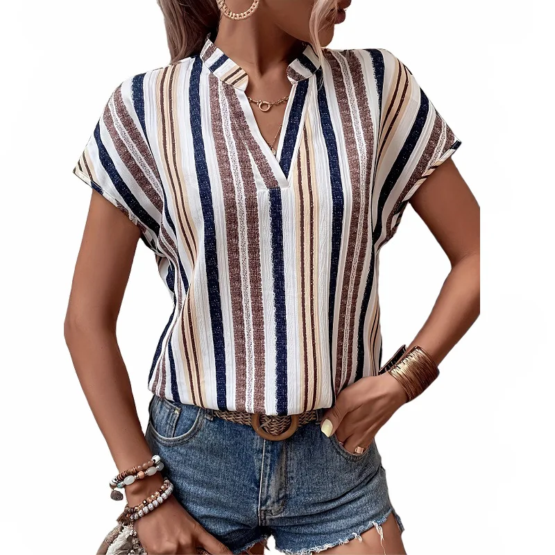 Women's Striped Shirt V-neck Short-sleeved Top Fashion Pullover Casual Simple Street New Summer 2025 Blouses for Female