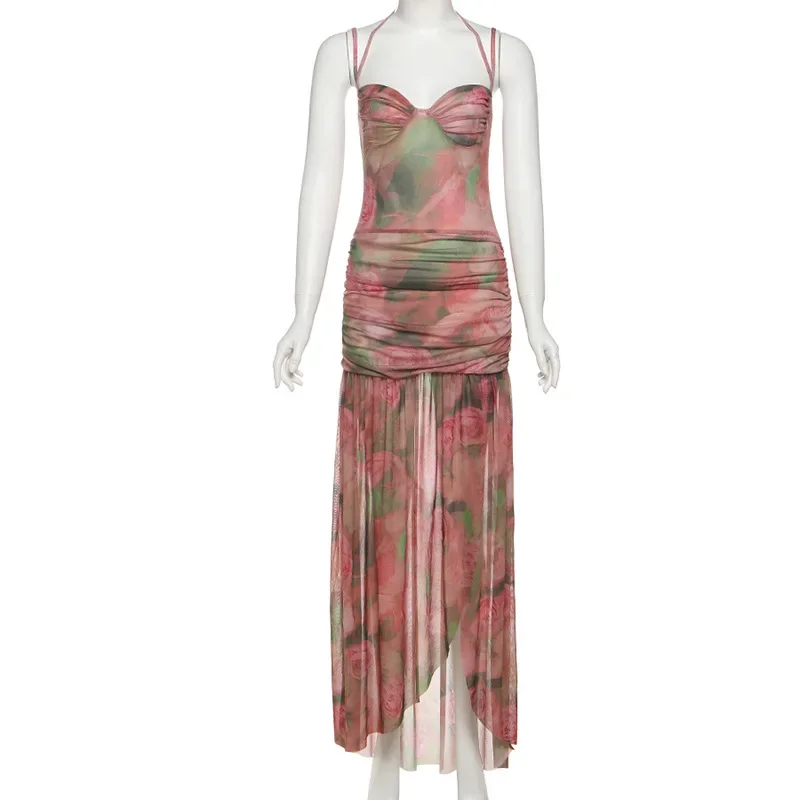 Vestido largo fruncido de malla con estampado Floral para mujer, vestido Sexy con cuello bajo y tirantes finos con cuello Halter y espalda descubierta, vestido largo para fiesta en la playa y vacaciones