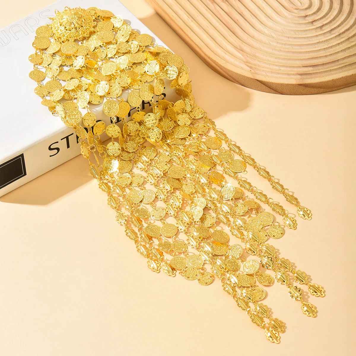 

Long Gold Coin-Patterned Tassel Head Chain, Shiny Ethnic Hair Accessory For Festive Events & Stage Performances